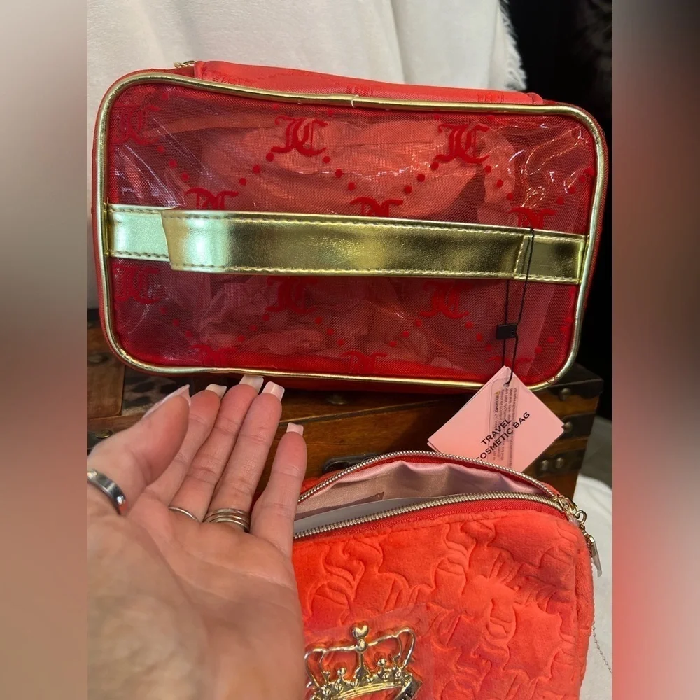 ❤️Juicy Couture Red 2 piece Cosmetic Bag Set with empty toiletry bottles❤️NWT